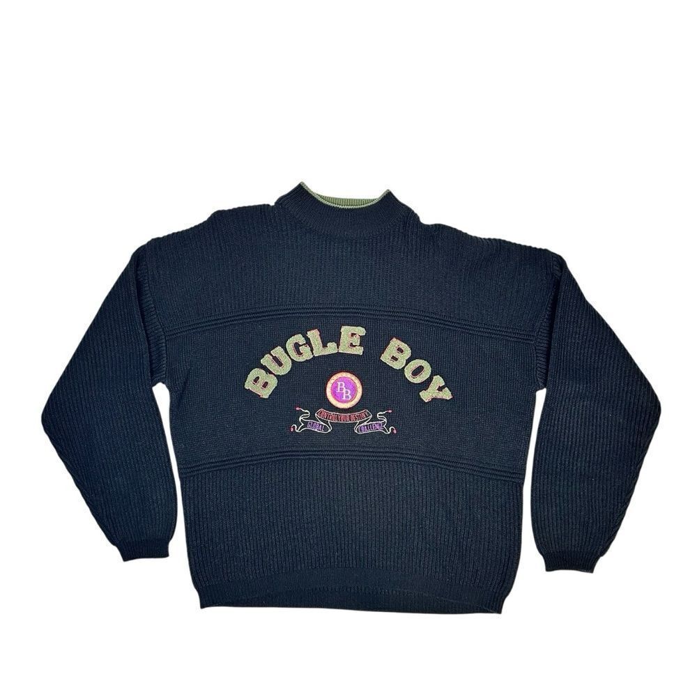 Vintage Bugle Boy Sweater Men’s Medium Black Knit Pullover Embroidered Logo 90s